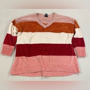 Velvet Knit Striped V-Neck Sweater - Pink, Red, Orange, and Cream Dusty Mauve